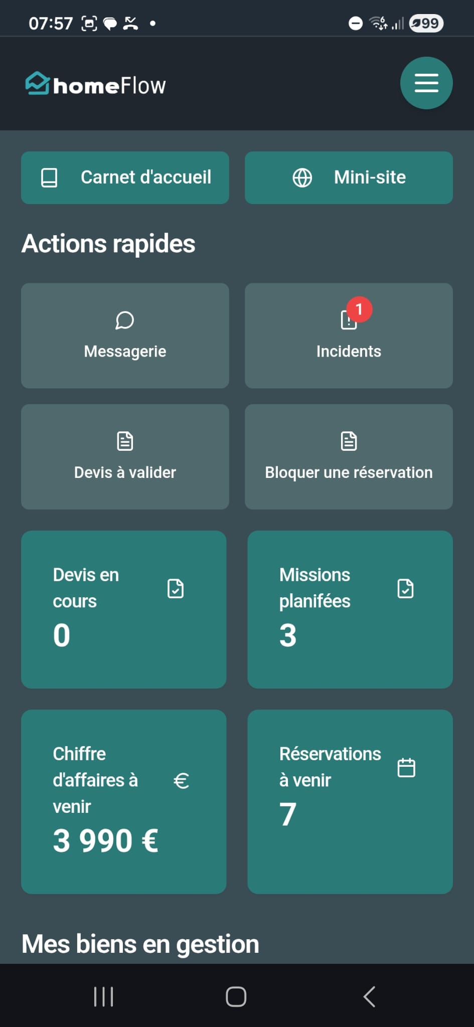 App Propriétaire — tableau de bord avec carnet d'accueil, mini-site, missions planifiées et chiffre d'affaires à venir