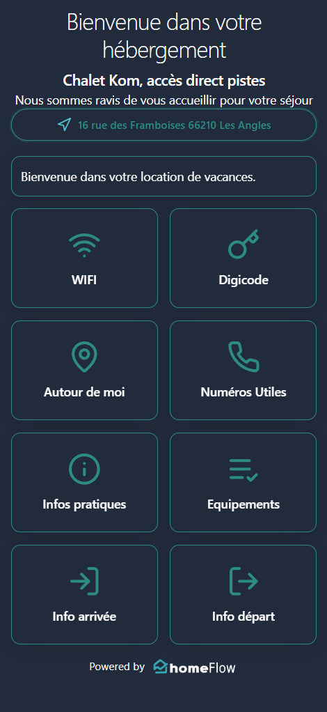 Carnet d'accueil digital HomeFlow — interface voyageur avec WiFi, codes, lieux à proximité