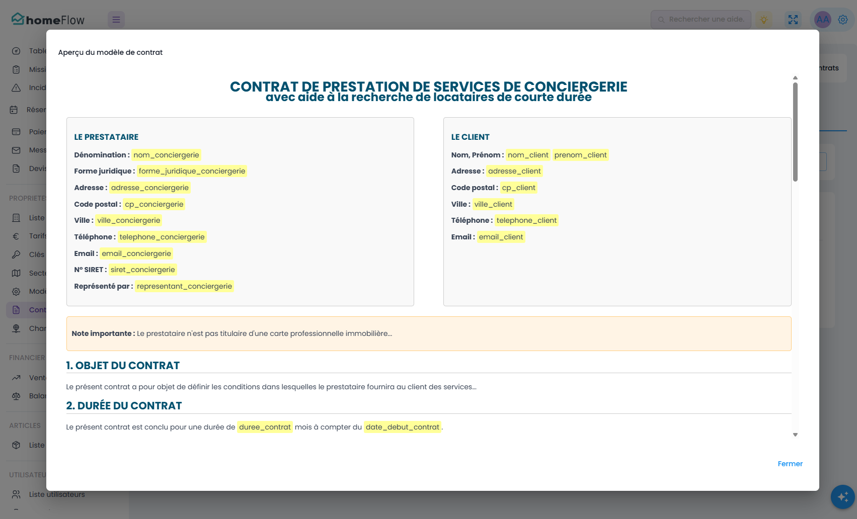Aperçu d'un modèle de contrat de prestation de services de conciergerie HomeFlow avec variables dynamiques surlignées (nom_conciergerie, siret, nom_client, durée, date de début) et sections numérotées