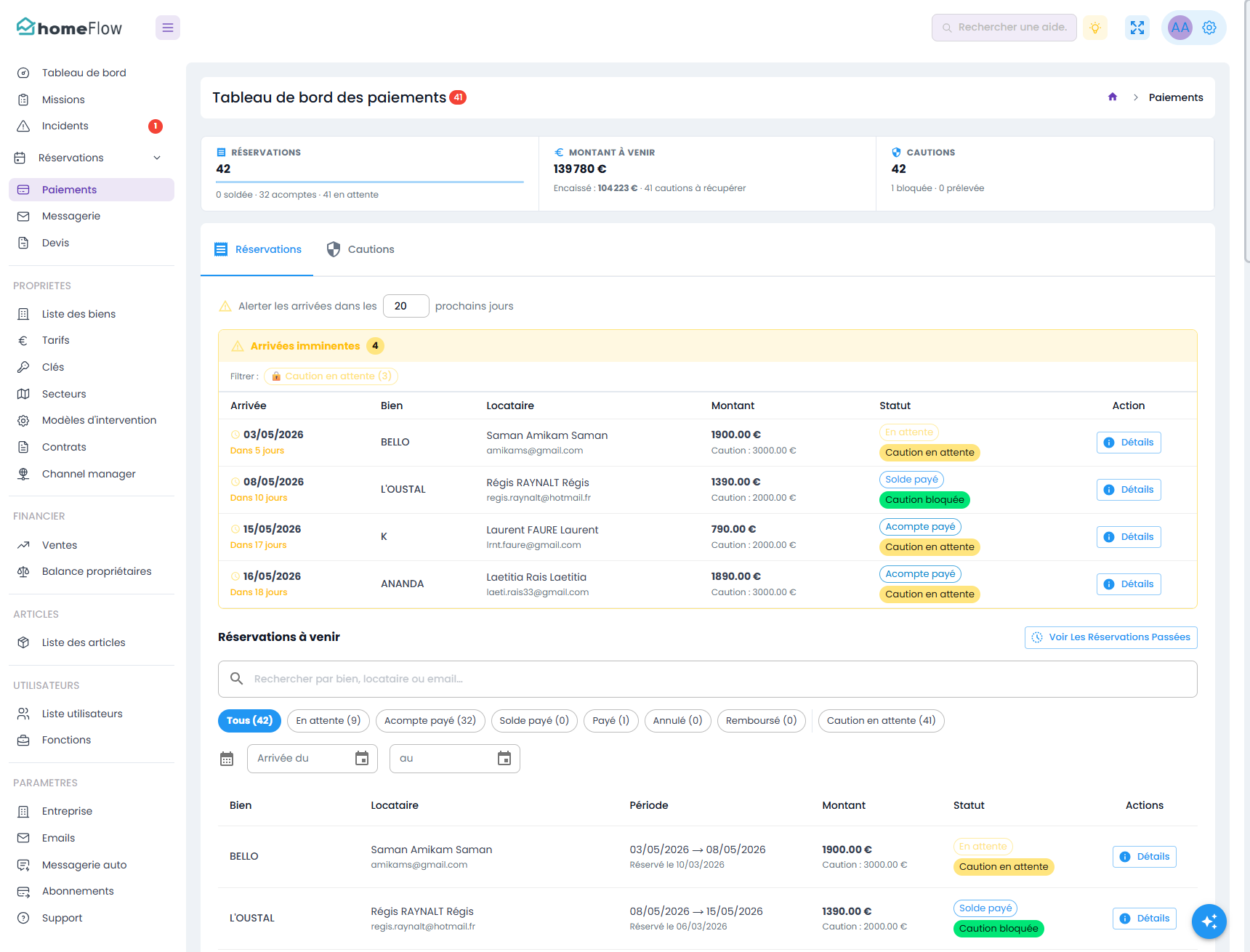 Tableau de bord des paiements — KPIs réservations, montant à venir, cautions, arrivées imminentes