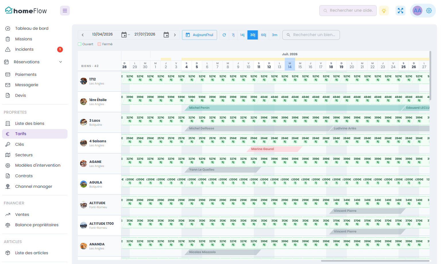 Gantt tarifaire HomeFlow — prix par nuit, ouvert/fermé, par bien et par jour